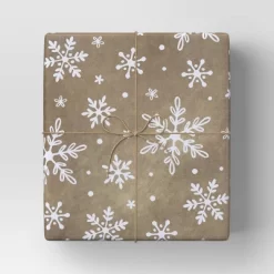 30” 20 Sq Ft Christmas Roll Wrap White Snowflakes On Brown Kraft - Wondershop™