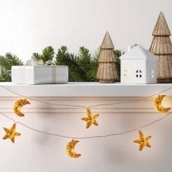 10ct LED Battery Operated Mercury Star And Moon Christmas Indoor/Outdoor Novelty String Lights Warm White With Silver Wire - Wondershop™