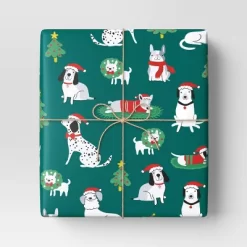 30" 50 Sq Ft Christmas Roll Wrap Illustrated Dogs On Green - Wondershop™