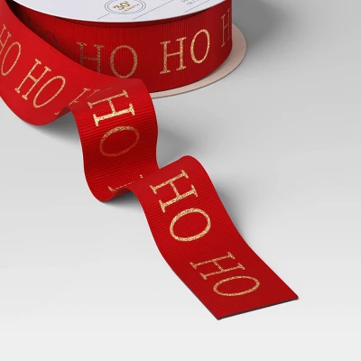 30' Christmas Fabric Ribbon Red Glitter Ho Ho Ho On Satin - Wondershop™ 4 30' Christmas Fabric Ribbon Red Glitter Ho Ho Ho On Satin - Wondershop™ - Image 2
