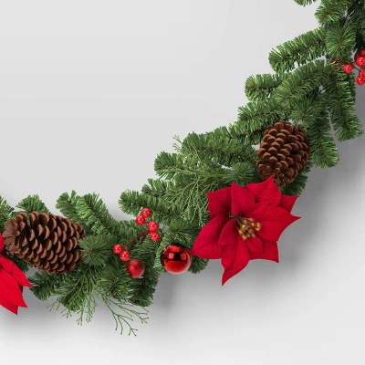6' Cedar With Poinsettia Flowers And Pinecones Christmas Artificial Garland - Wondershop™: Traditional Decor, Indoor/Sheltered Outdoor Use 4 6' Cedar With Poinsettia Flowers And Pinecones Christmas Artificial Garland - Wondershop™: Traditional Decor, Indoor/Sheltered Outdoor Use - Image 2