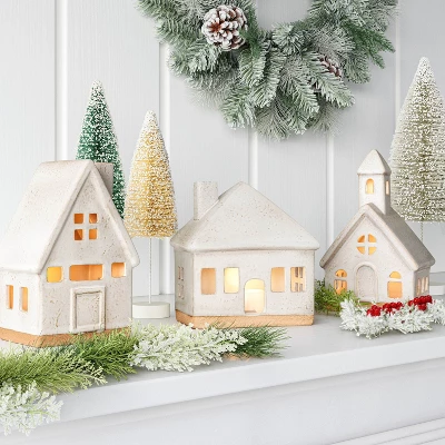 3pc Lit Ceramic Buildings Decorative Christmas Figurine Set - Wondershop™ White 3 3pc Lit Ceramic Buildings Decorative Christmas Figurine Set - Wondershop™ White