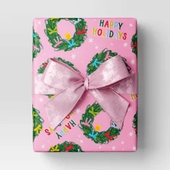 30” 20 Sq Ft Christmas Roll Wrap Happy Holidays And Wreaths On Pink - Wondershop™