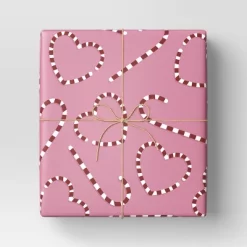 30” 55 Sq Ft Christmas Roll Wrap Red/White Heart/Candy Canes On Pink - Wondershop™