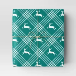30" 50 Sq Ft Christmas Roll Wrap Deer And Plaid On Green - Wondershop™