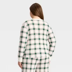 Women's Plaid Ribbed Long Sleeve Holiday Matching Family Pajama Shirt - Wondershop™ Cream
