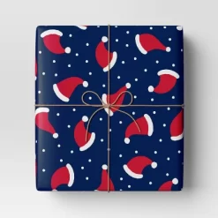 30" 50 Sq Ft Christmas Roll Wrap Santa Hats On Navy - Wondershop™