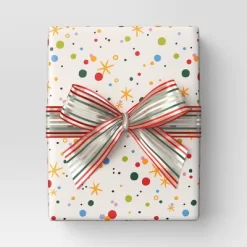 30” 90 Sq Ft Christmas Roll Wrap Multi-Color Dots/Stars On Cream - Wondershop™