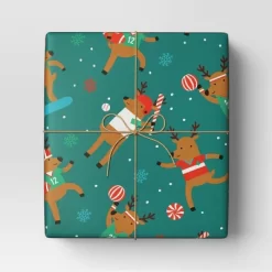30" 50 Sq Ft Christmas Roll Wrap Reindeer Games On Green - Wondershop™