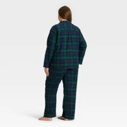 Women's Plaid Flannel Long Sleeve Shirt And Pants Holiday Matching Family Pajama Set - Wondershop™ Navy Blue