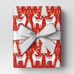 30” 20 Sq Ft Christmas Roll Wrap Scandinavian Trees And Deer On Red - Wondershop™