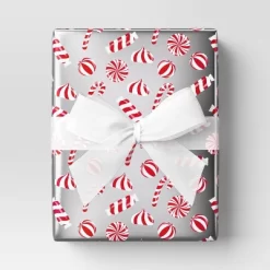 30” 25 Sq Ft Christmas Roll Wrap Red/White Candy On Silver - Wondershop™