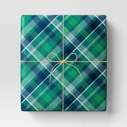 30" 50 Sq Ft Christmas Roll Wrap Green And Navy Plaid - Wondershop™